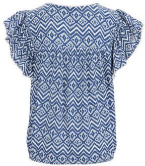 WE Fashion top met all over print blauw wit Meisjes Viscose Ronde hals 110 116