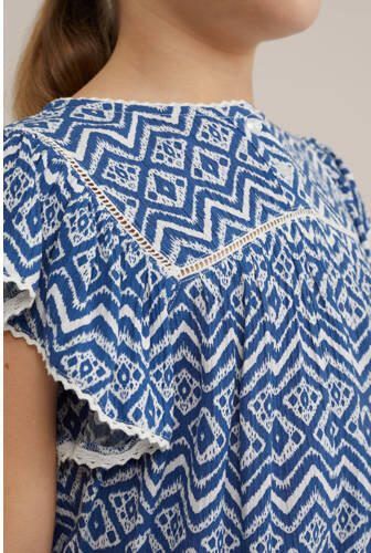 WE Fashion top met all over print blauw wit Meisjes Viscose Ronde hals 110 116 - Foto 2