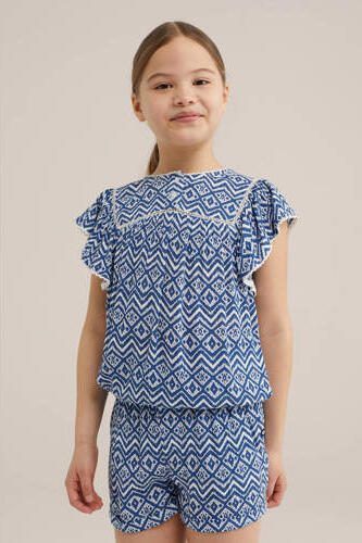 WE Fashion top met all over print blauw wit Meisjes Viscose Ronde hals 110 116 - Foto 3