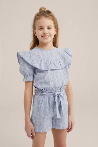 WE Fashion top met all over print lichtblauw Meisjes Katoen Peter Pan-kraag 110 116