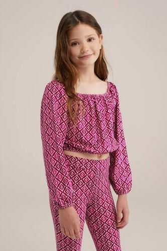 WE Fashion top met all over print roze donkerroze wit Meisjes Viscose Off shoulder 134 140