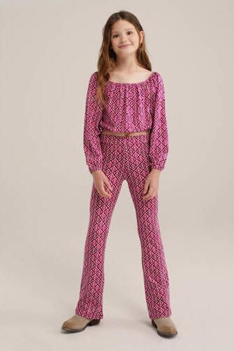 WE Fashion top met all over print roze donkerroze wit Meisjes Viscose Off shoulder 134 140 - Foto 3