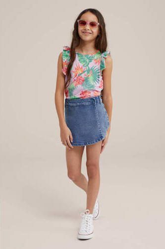 WE Fashion top met bloemdessin lila groen roze T-shirt Multi Meisjes Katoen Ronde hals 110 116 - Foto 3