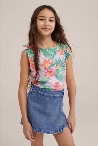WE Fashion top met bloemdessin lila groen roze T-shirt Multi Meisjes Katoen Ronde hals 110 116 - Foto 2