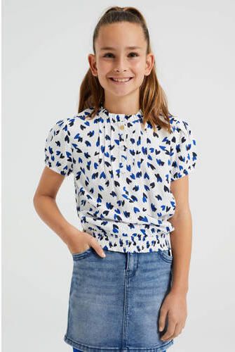 WE Fashion top met hartjes en plooien wit Meisjes Viscose Opstaande kraag 110 116 - Foto 3