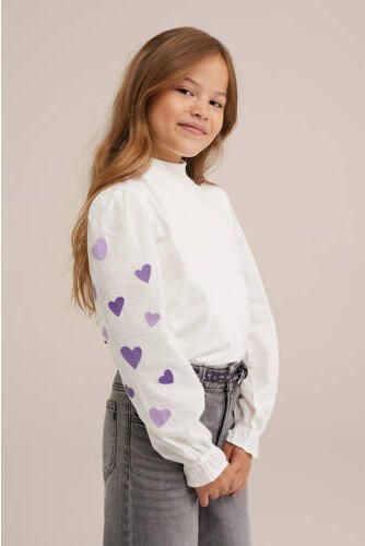WE Fashion top wit paars lila Meisjes Katoen Ronde hals Effen 122 128