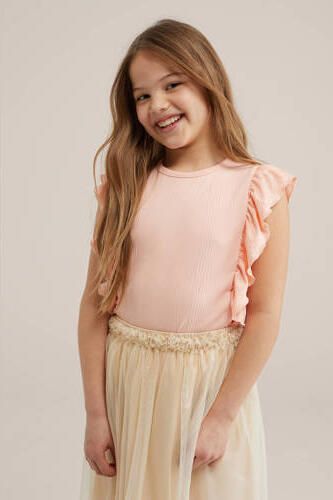 WE Fashion top zalmroze Meisjes Stretchkatoen Ronde hals Effen 122 128