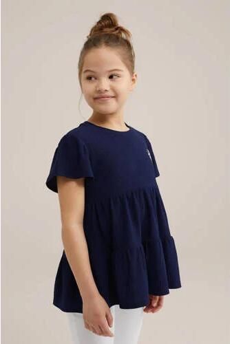 WE Fashion trapeze jurk donkerblauw Meisjes Polyester Ronde hals Effen 110 116 - Foto 3