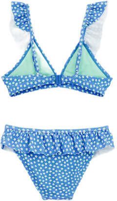 WE Fashion triangel bikini met ruches blauw wit Meisjes Polyamide Bloemen 110 116