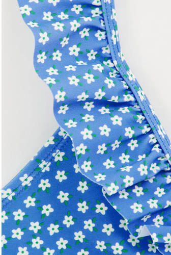 WE Fashion triangel bikini met ruches blauw wit Meisjes Polyamide Bloemen 110 116 - Foto 2