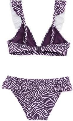 WE Fashion triangel bikini met ruches paars wit Meisjes Polyamide Zebraprint 122 128