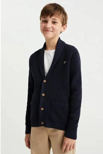 WE Fashion vest donkerblauw Jongens Katoen Reverskraag Effen 122 128