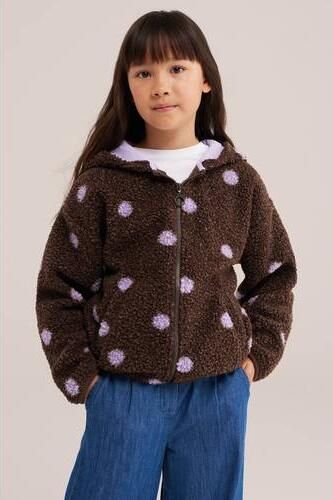 WE Fashion winterteddyjas met stippen donkerbruin lila Hartjes