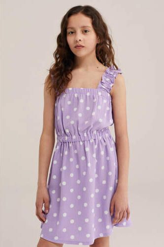WE Fashion zomerjurk met stippen en ruches lila Paars Meisjes Polyester Vierkante hals