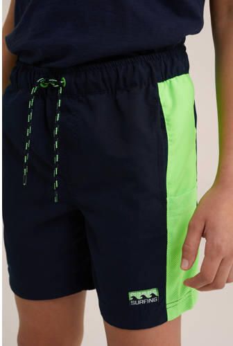 WE Fashion zwemshort donkerblauw neon groen Jongens Polyester Meerkleurig 122 128 - Foto 2