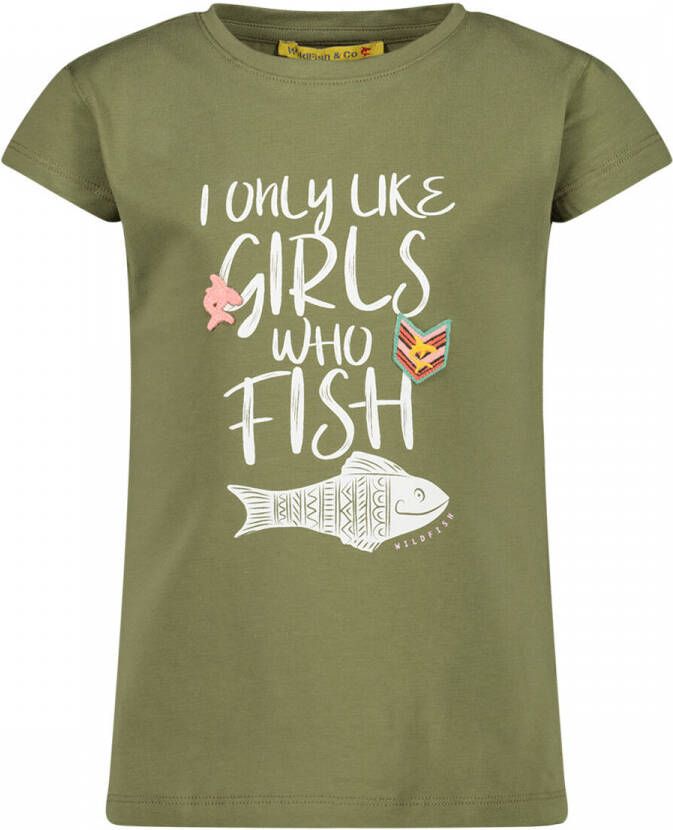 Wildfish T-shirt met tekstopdruk khaki Groen Meisjes Biologisch katoen Ronde hals 164