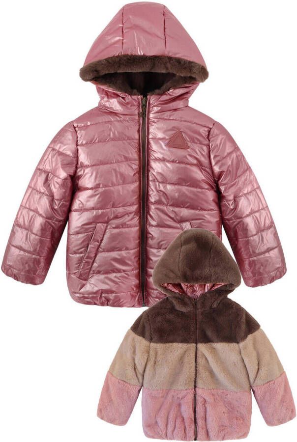 Your Wishes reversible teddy winterjas metallic roze beige bruin