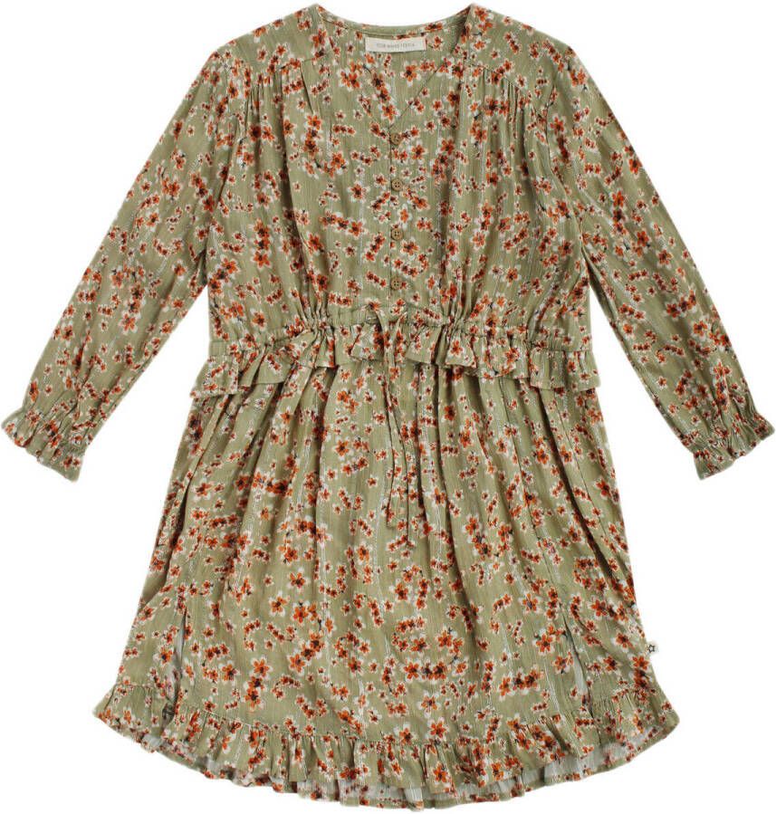 Your Wishes A-lijn jurk met all over print en ruches groen Meisjes Viscose V-hals 110 116