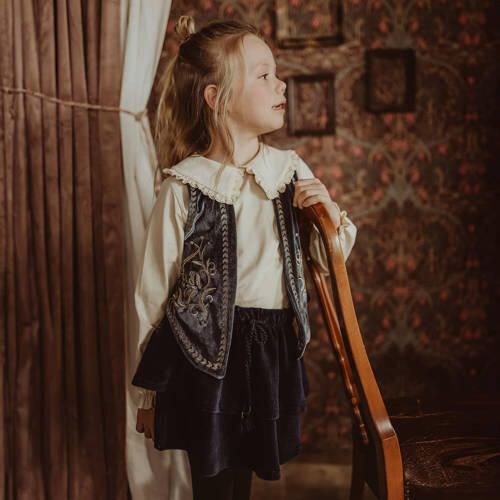 Your Wishes gilet Hanoi met printopdruk en borduursels blauw goud Meisjes Suede Openvallende hals 110 116