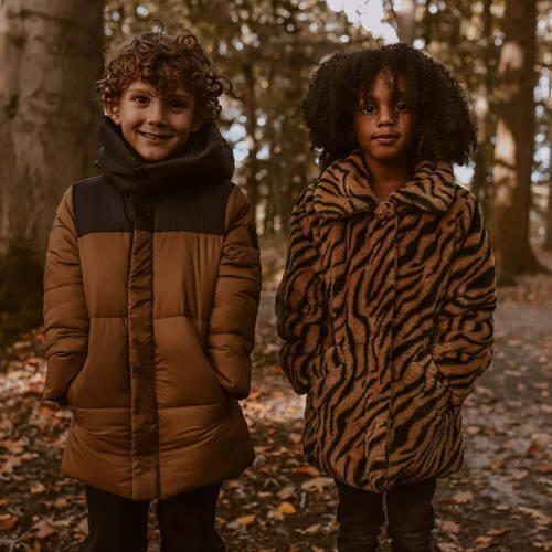 Your Wishes imitatiebont winterjas Orah met zebraprint bruin Meisjes Polyester Klassieke kraag 134 140 - Foto 3