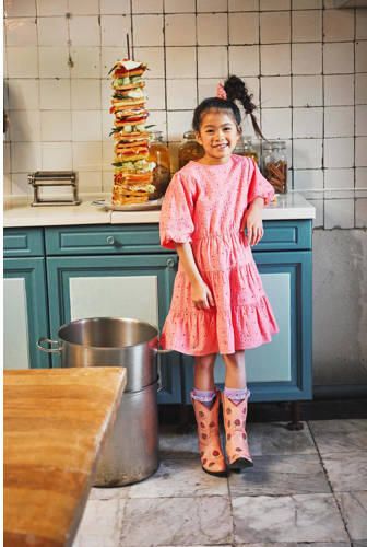 Z8 jurk Sunny koraalrood Meisjes Katoen Ronde hals Effen 140 146