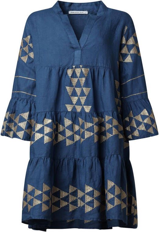 Greek Archaic Kori Linnen jurk met borduursels Viola blauw