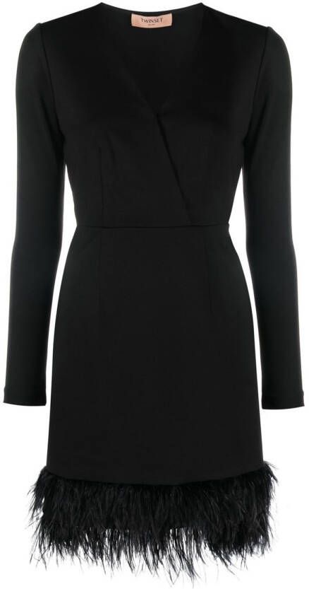 Twinset Getailleerde jurk met veren Mila zwart