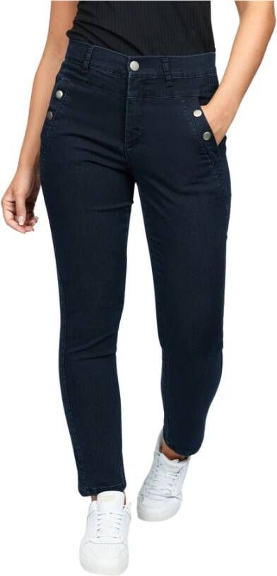 2-Biz Donkerblauwe Denim Broek met Hoge Taille Blauw Dames