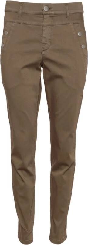 2-Biz Slim-Fit Broek met Hoge Taille en Knoopdetails Bruin Dames