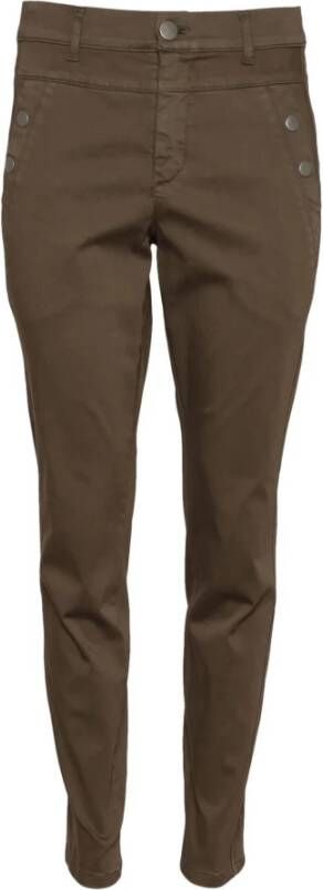 2-Biz Slim-Fit Hooggetailleerde Bruine Broek met Slimme Knoopdetails Bruin Dames