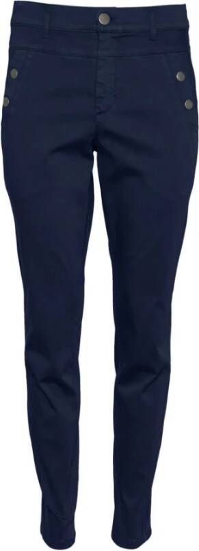 2-Biz Slim-Fit Navy Broek met Hoge Taille en Slimme Knoopdetails Blauw Dames