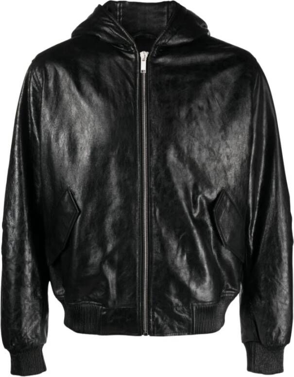 424 Zwarte ritssluiting capuchon leren jas Black Heren