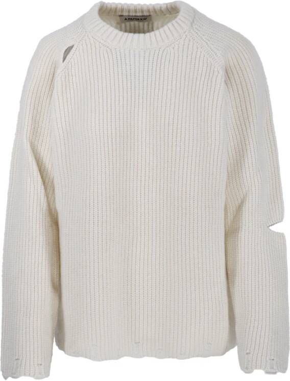 A Paper Kid Witte Crew-neck Sweater met Distressed Details White