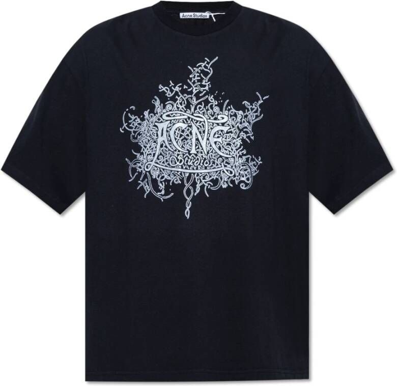 Acne Studios Zwarte Katoenen T-shirt met Glow-in-the-dark Logo Black Heren