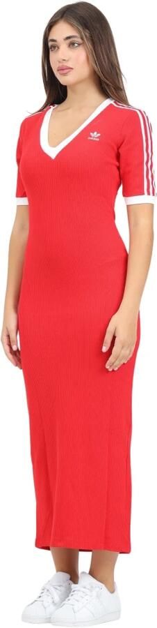 Adidas Originals Sportieve Rode Gebreide V-Hals Jurk Red Dames
