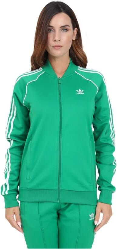 Adidas Originals Groene Sweater met Rits en 3 Strepen Groen Dames