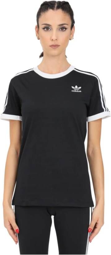 Adidas Originals Zwarte sportieve T-shirt met logo borduursel en contrasterende strepen Black Dames