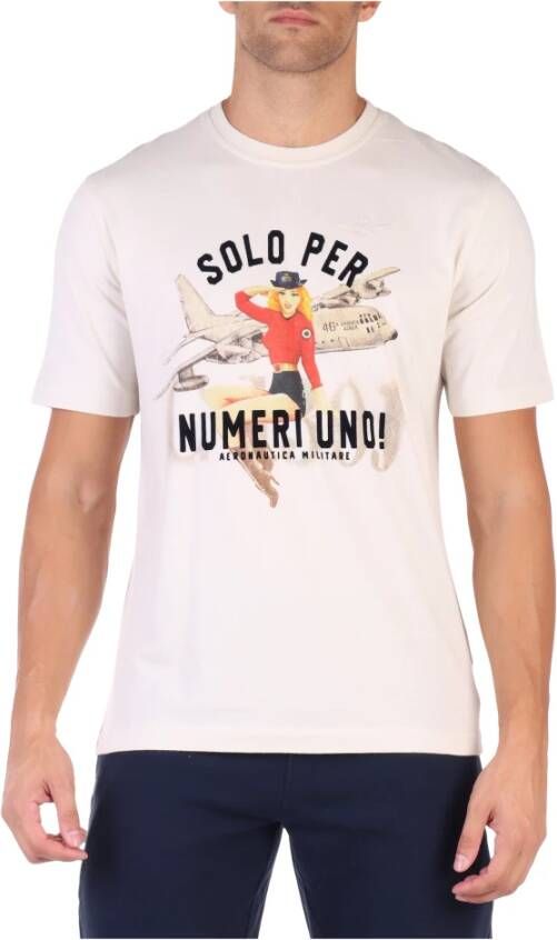 Aeronautica militare Comfort Fit Katoenen T-shirt met Voorprint White Heren