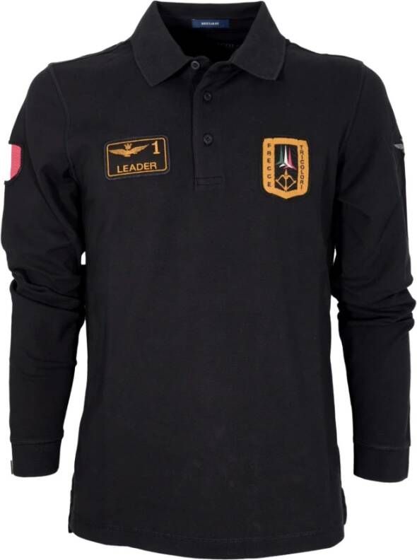 Aeronautica militare Lange Mouw Polo Shirt met Tricolor Pijl Patch Zwart Heren