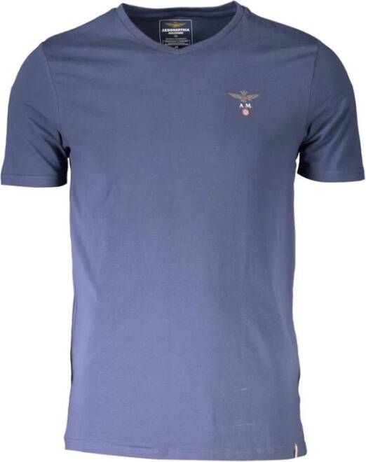 Aeronautica militare Blauw Katoenen V-hals Logo T-shirt Blue Heren