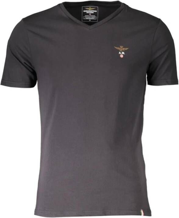Aeronautica militare Zwart Katoen V-Hals Logo T-Shirt Black Heren