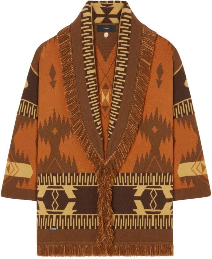 Alanui Jacquard Cardigan Sweater Multicolor Fringe Orange Dames