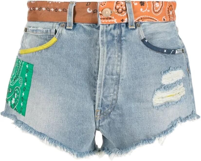 Alanui Blauwe Katoenen Shorts met Multicolor Bandana Inzetstukken Blauw Dames