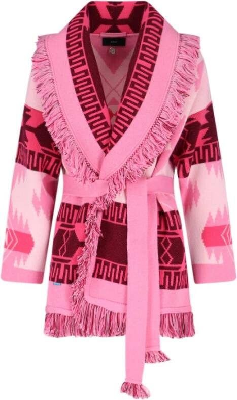 Alanui Roze Jacquard Cardigan met Franjezoom Pink Dames