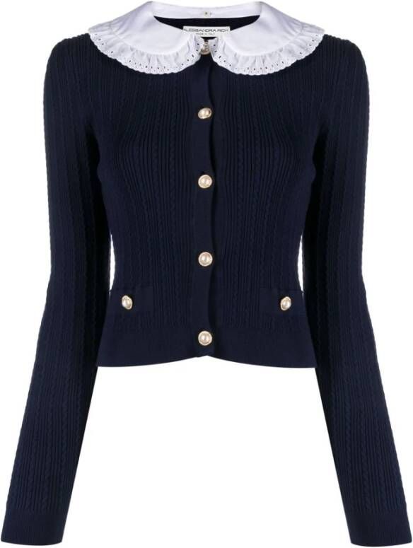 Alessandra Rich Navy Blue Frilled Collar Sweater Blauw Dames