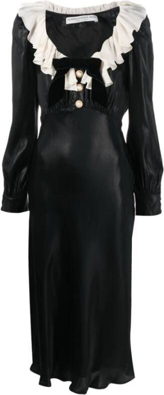 Alessandra Rich Zwarte zijden midi-jurk met volantkraag Black Dames