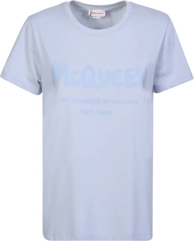 Alexander mcqueen Blauw Graffiti Logo T-Shirt voor Vrouwen Blauw Dames