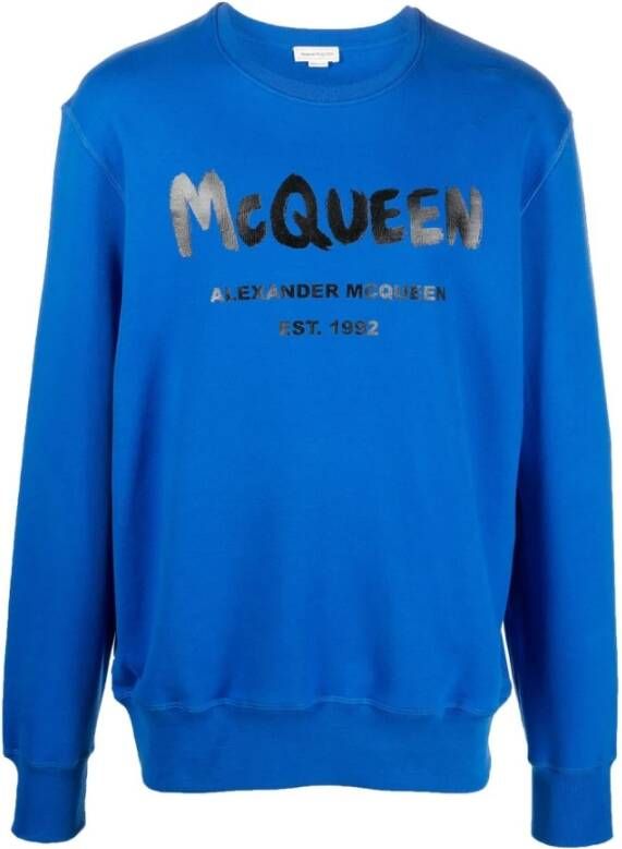Alexander mcqueen Blauwe Logo Graffiti Print Sweatshirt Blauw Heren