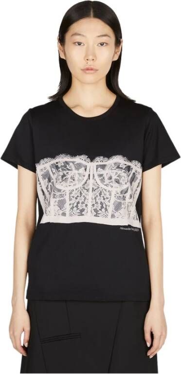 Alexander mcqueen Contrasterende Elementen Bustier Print T-Shirt Zwart Dames
