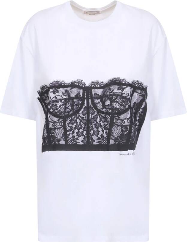 Alexander mcqueen Corset print white t-shirt by . The garment features a lace corset print embellished with the house iconic logo Zwart Dames